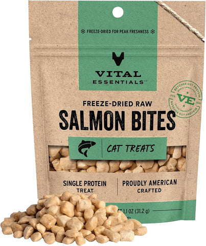 Vital Essentials Freeze Dried Cat Treats, Salmon Bites, 1.1 oz Bag