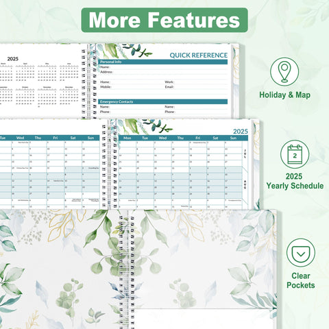 SUNEE 2025 Weekly and Monthly Planner - from January 2025 - December 2025, 8.5"x11" Daily Agenda Planner with Monthly Tab, Flexible Cover, Note Pages, Pockets, Bookmark, Spiral Binding, Eucalyptus