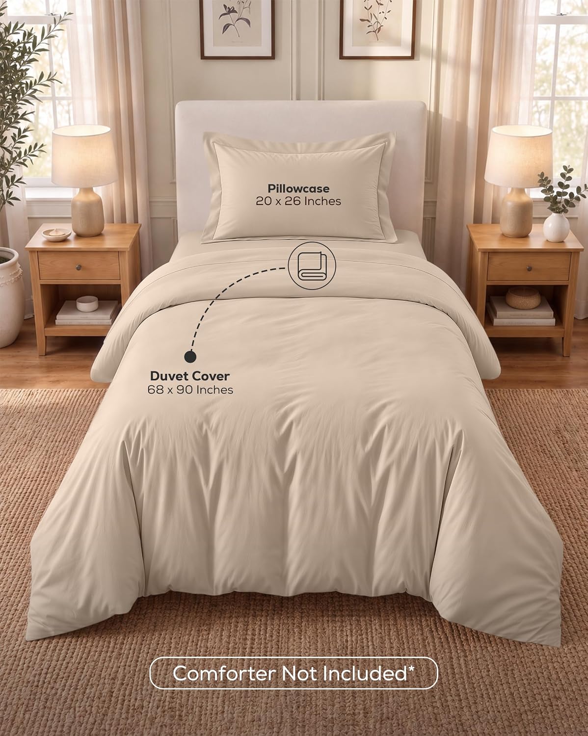 Duvet Cover Twin/Twin XL, 2 PC Cotton Like Polyester, Zipper Closure, Beige
