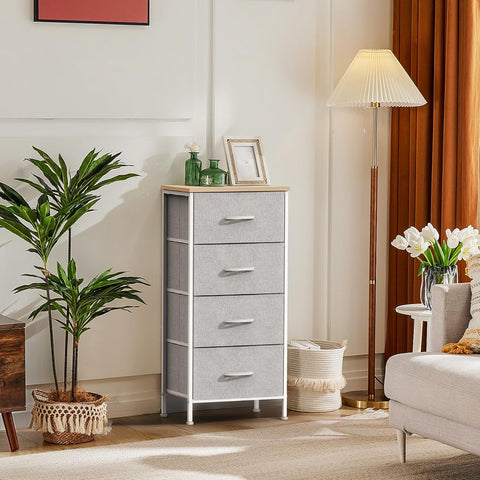 DUMOS Nightstand with 4 Drawers Bedside Table with Removable Fabric Bins Sturdy Steel Frame Wood Top Organizer Furniture for Bedroom Closet Living Room, Ash