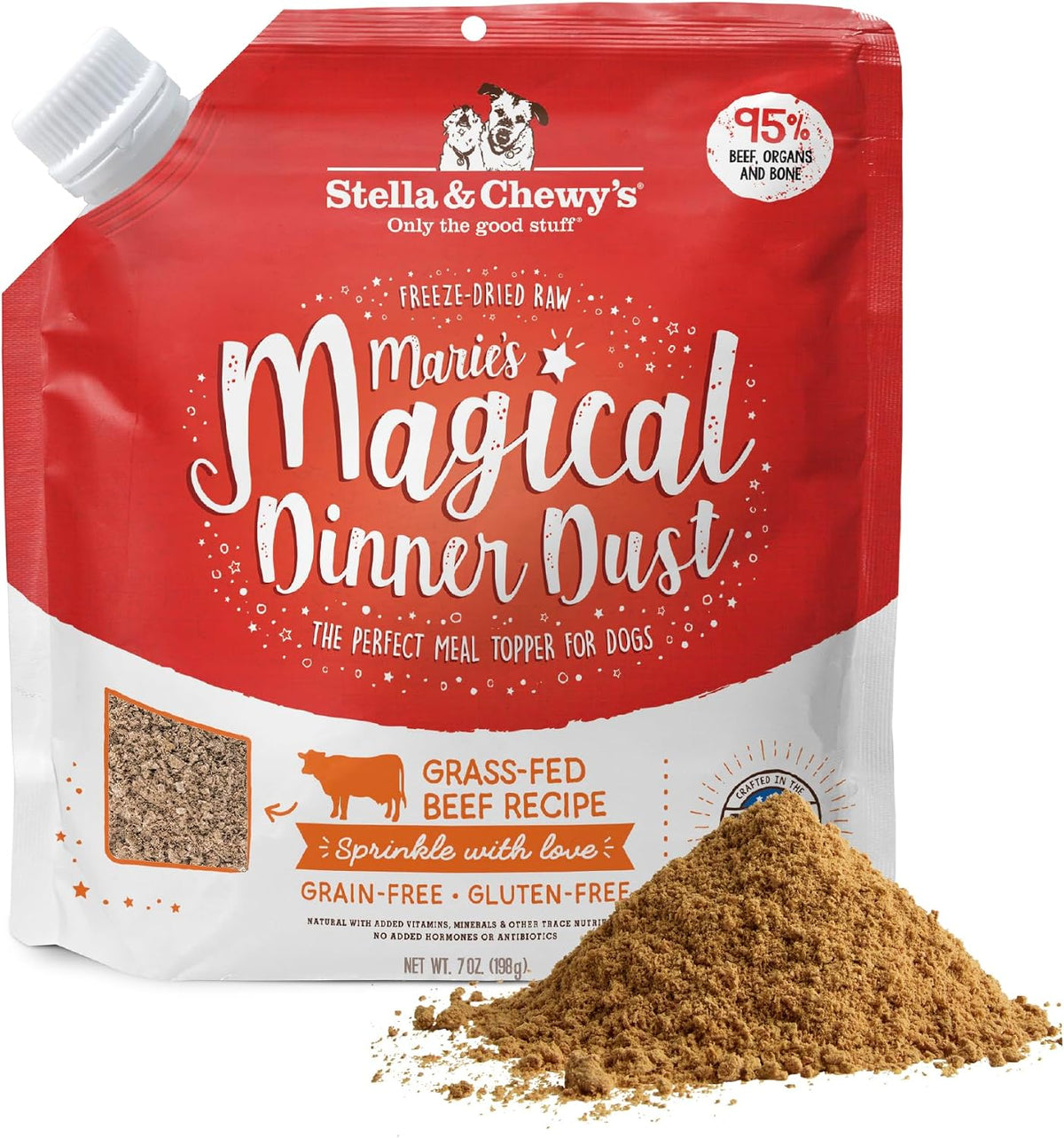 Stella & Chewy’s Freeze-Dried Raw Marie's Magical Dinner Dust – Protein Rich, Grain Free Dog & Puppy Food Topper – Grass-Fed Beef Recipe – 7 oz Bag