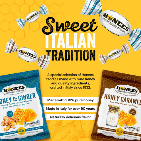 Honees Hard Candy Individually Wrapped - Variety Pack (Honey & Ginger + Honey & Caramel) - Natural & Healthy Candy, Italian Made - 2 Pack (5.7 oz)
