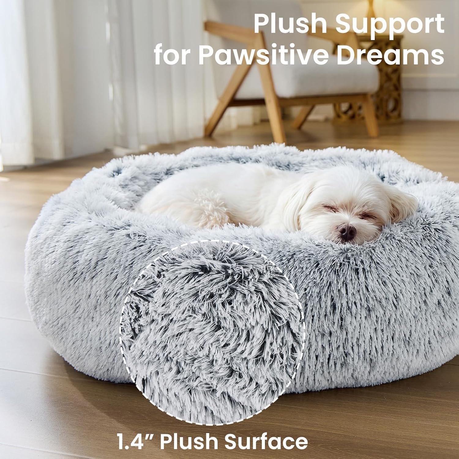 JOLLYVOGUE Small Dog Bed, Calming Dog Beds for Small Dogs & Indoor Cats - 20 Inches Donut Washable Cat Bed for Kittens & Puppies, Round Fluffy Plush Faux Fur Pet Beds(Smoke Grey)