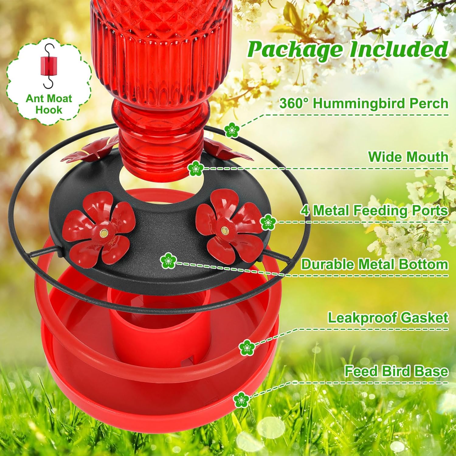 FEED GARDEN Glass Hummingbird Feeder for Outdoors Hanging, 16 oz Leak-Proof Nectar Feeder with Bee Guards & Ant Moat, 4 Metal Flower Feeding Ports, 360° Perch Ring, Easy Refill & Clean, Red