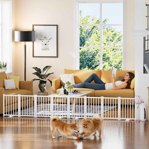 Snughome 2 Pack Short Dog Gate Indoor, 16" High Freestanding Small Dog Gates with Support Feet, Expand Up to 48’’Wide Foldable Pet Gate for Doorway, 8 Panel Pet Door Pet Fence for Puppy, White