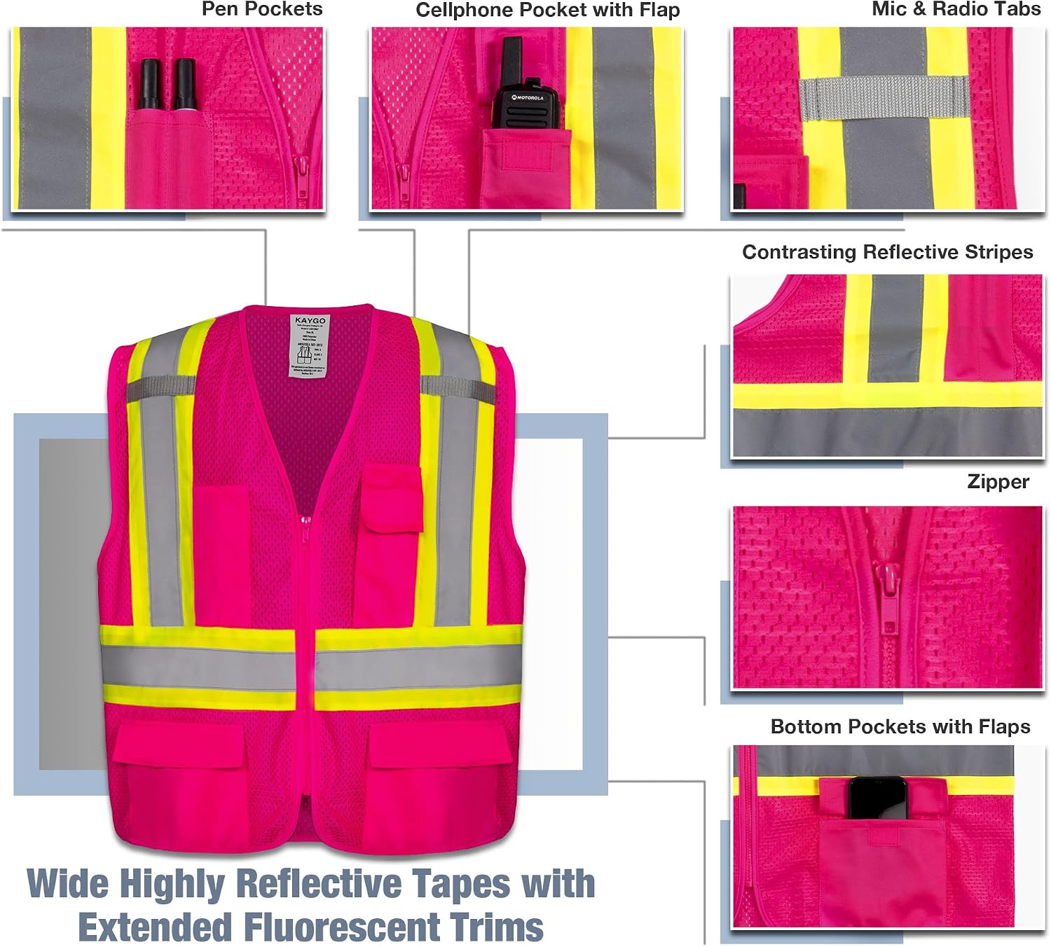 KAYGO Reflective High Vis Safety Vest with Pockets for Men and Women KG0100