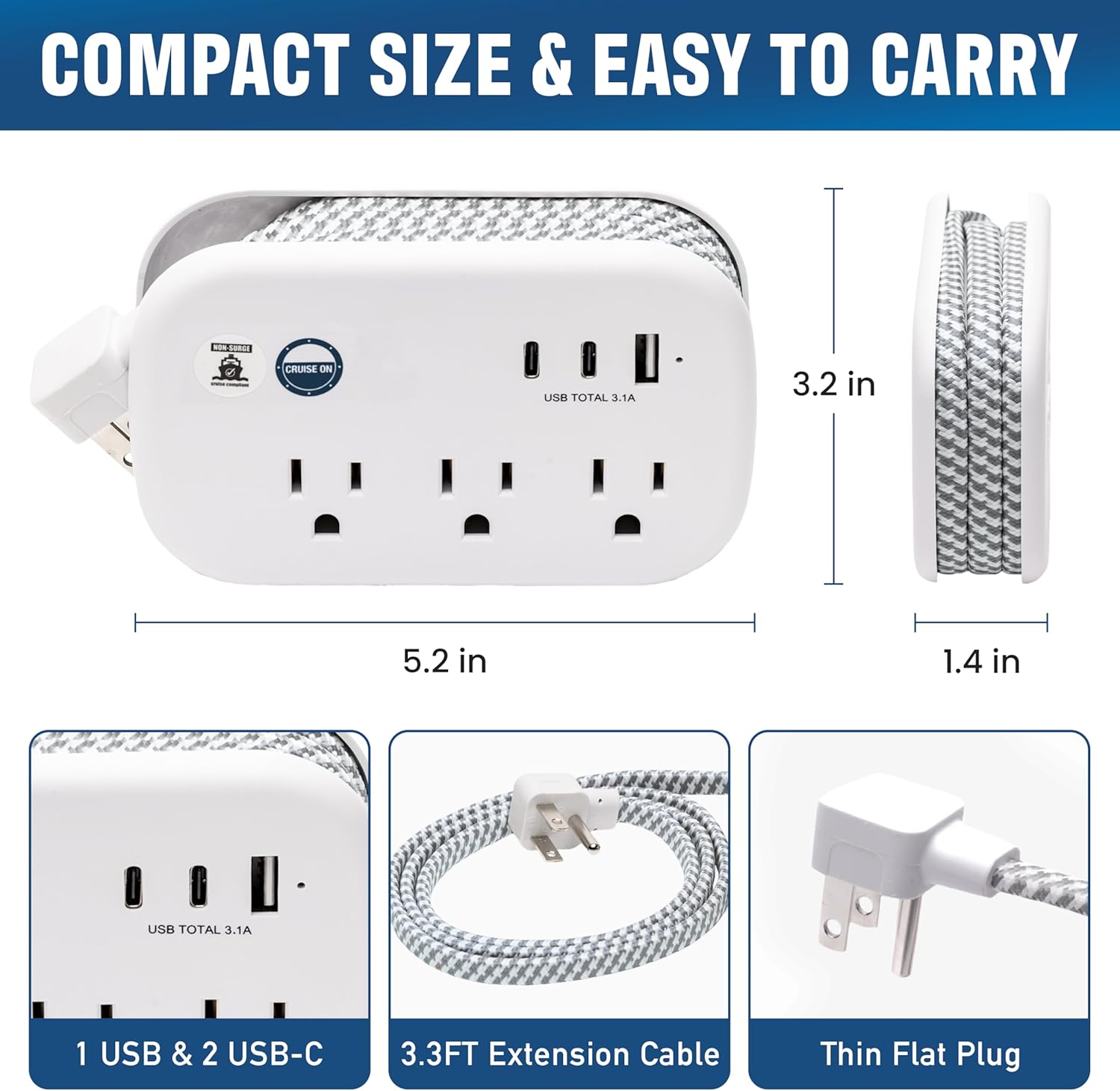 Cruise Approved Power Strip Non Surge Protector - 3.3 ft Wrapped Travel Extension Cord, 2 USB-C, 1 USB, 3 AC Outlet, Cruise Ship Essentials for Carnival, Princess & Major Lines in 2026 & 2027