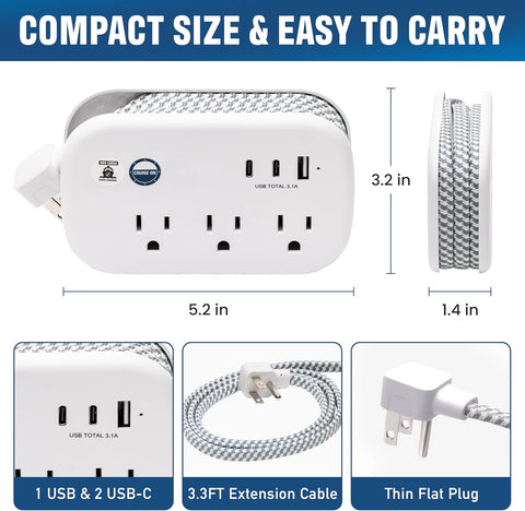 Cruise Approved Power Strip Non Surge Protector - 3.3 ft Wrapped Travel Extension Cord, 2 USB-C, 1 USB, 3 AC Outlet, Cruise Ship Essentials for Carnival, Princess & Major Lines in 2026 & 2027