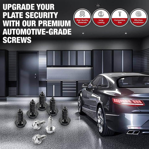 License Plate Screws with Rustproof Finish - License Plate Screw Kit for Front & Rear Plates - License Plate Bolts for Domestic Vehicles - Stainless Steel Screws for License Plates (4-Pack, Black)