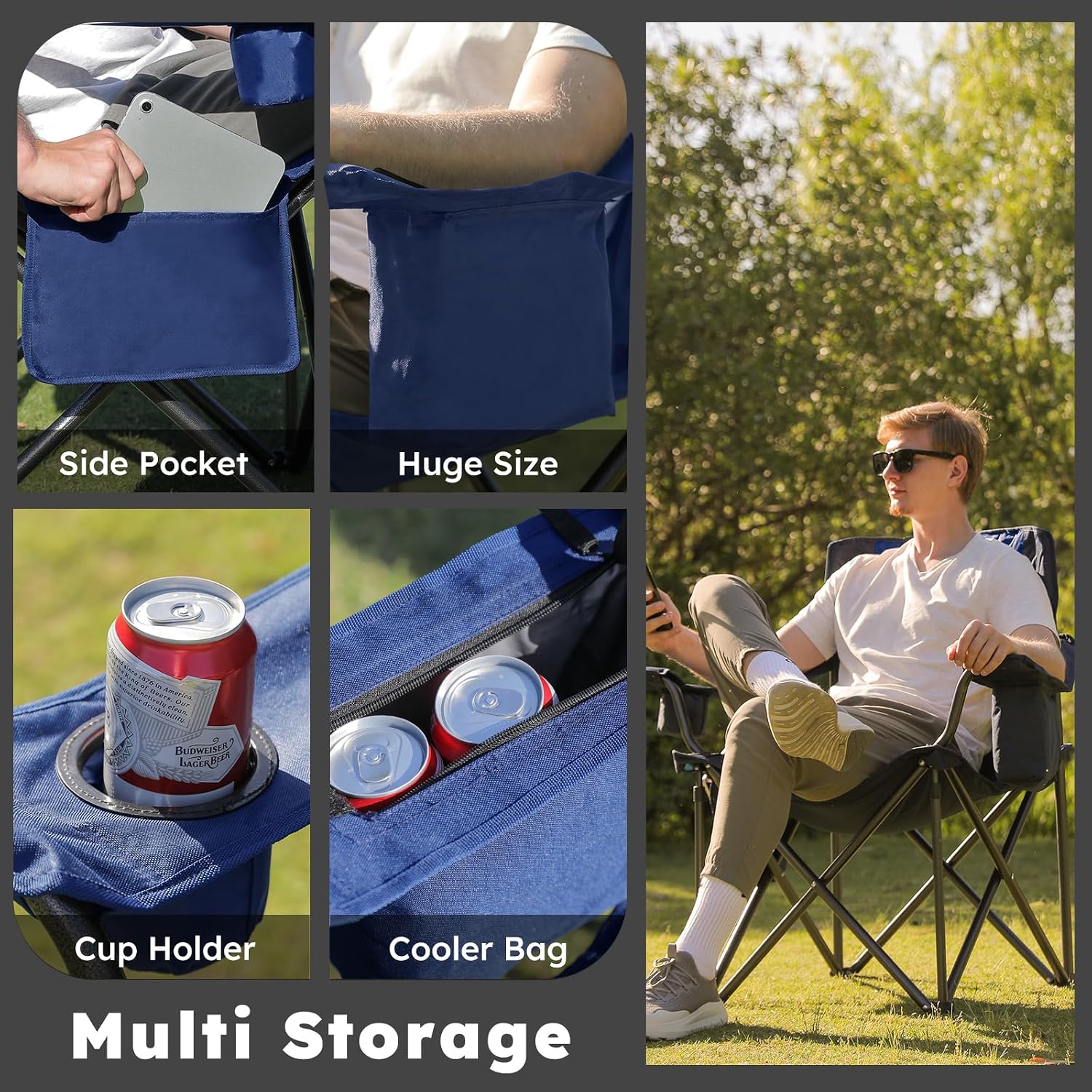 Colegence Oversized Heavy Duty Camping Chairs, 2 Pack, 450 lb, Blue