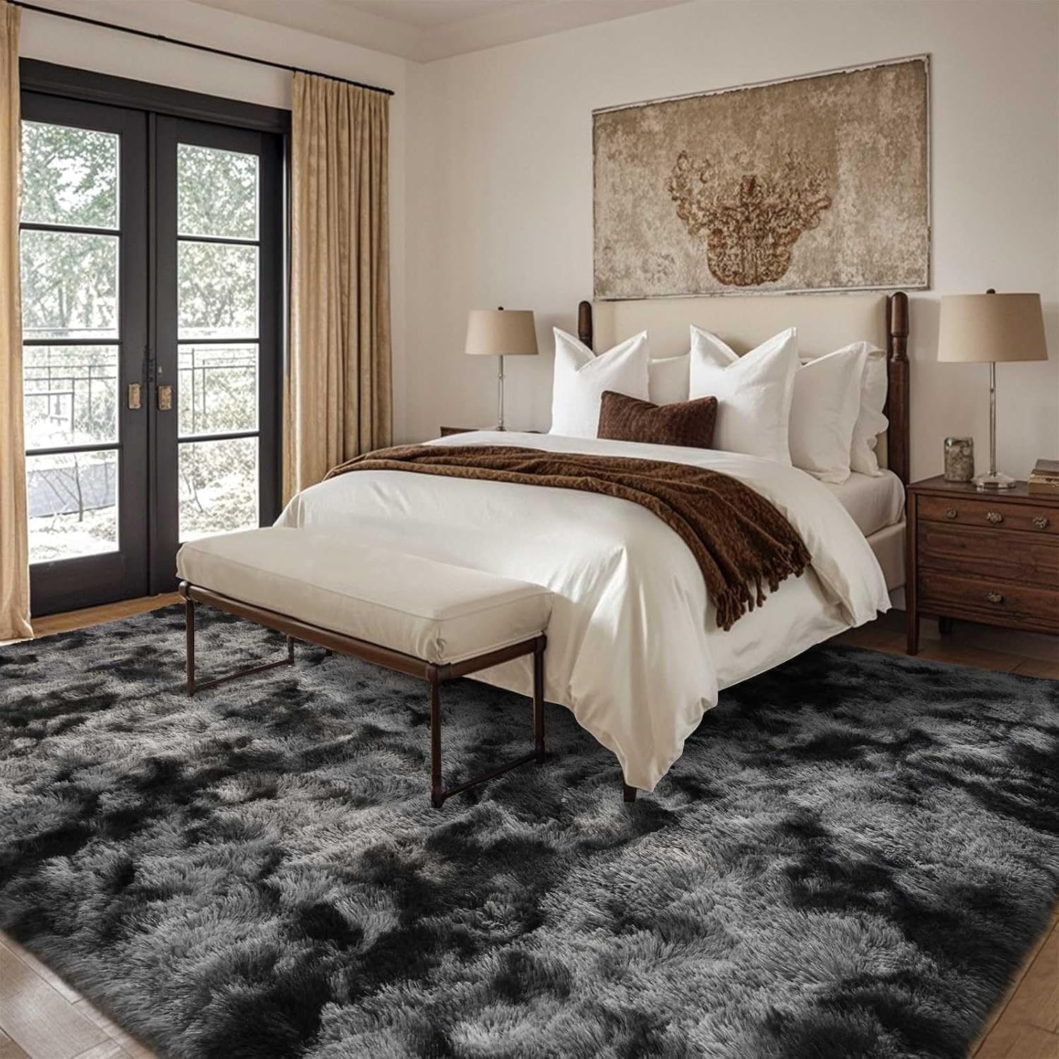 7x10 Ft Extra Large Shag Rugs for Living Room, Tie Dyed Ultra Soft Fluffy Furry Area Rugs for Bedroom Indoor Floor, Aesthetic Carpet for Kids Home Decor (Dark Grey)