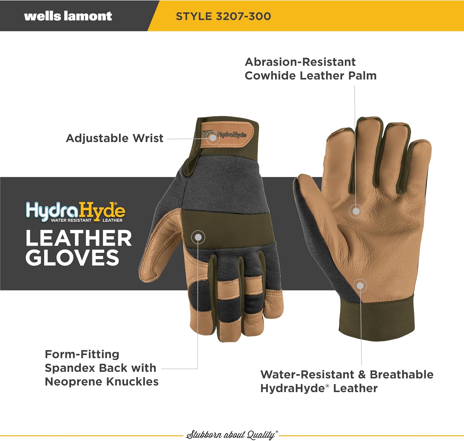 Wells Lamont Men's Leather Palm Work Gloves – HydraHyde Water-Resistant Leather, Flexible Spandex Back, Adjustable Closure
