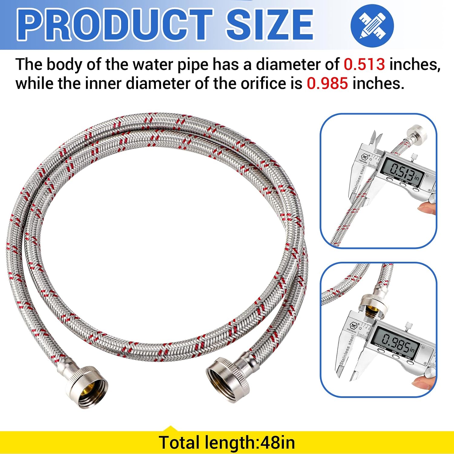 4 Ft Washing Machine Hoses, 2 Packs Premium Stainless Steel Washer Hoses Burst Proof, Hot and Cold Striped Water Supply Hoses with 3/4'' Standard Interface fit for ALL Washer