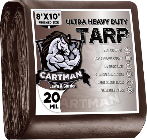 CARTMAN 8x10Ft Industrial Waterproof Poly Tarp Cover 20 Mil, Brown