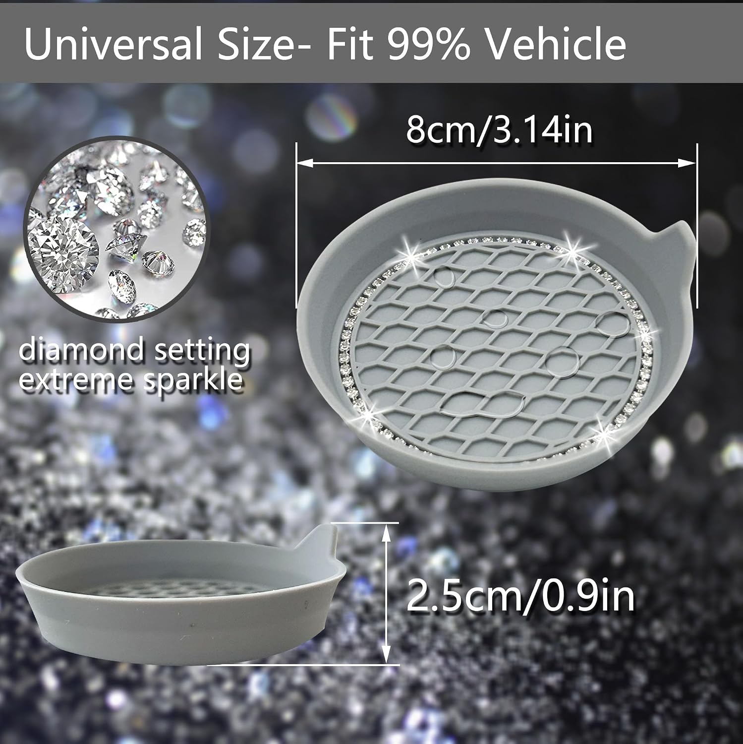 NBTEPEM 4pcs Bling Car Cup Holder Coaster, 2.75 inch Anti-Slip Shockproof Universal Fashion Coasters Insert Crystal Rhinestone Automotive Interior Accessories for Women (4 pcs, New Gray)