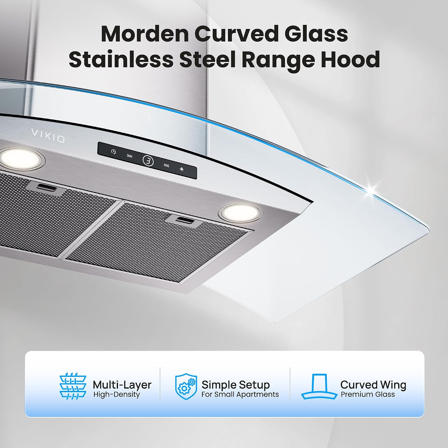 VIKIO HOME Wall Mounted Range Hood, 450 CFM Dual Inlet, Curved Glass Kitchen Vent Hood (Metal, 30 inch)