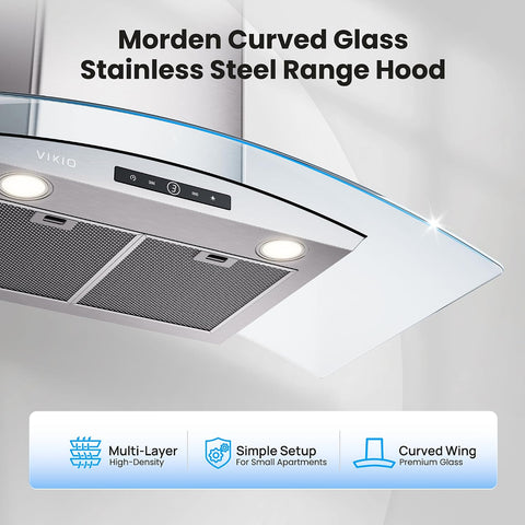 VIKIO HOME Wall Mounted Range Hood, 450 CFM Dual Inlet, Curved Glass Kitchen Vent Hood (Metal, 30 inch)