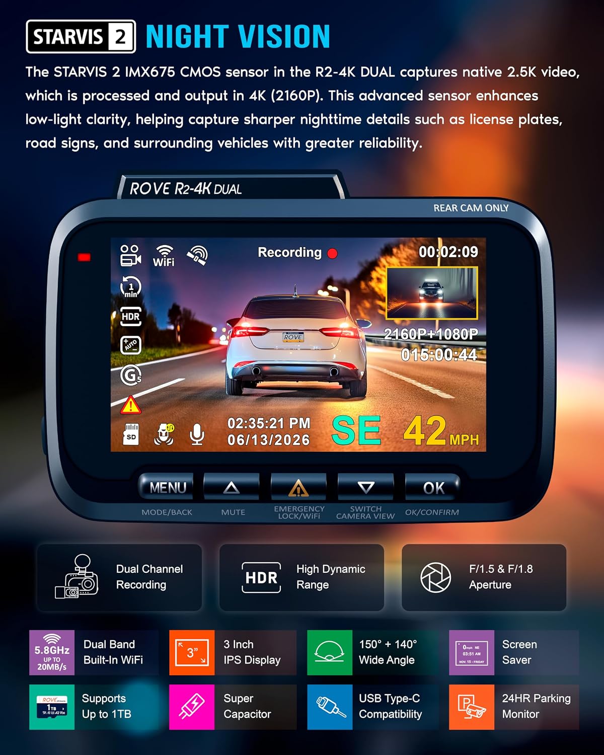 ROVE R2-4K Dual Dash Cam Front and Rear, STARVIS 2 Sensor, Free 128GB Card