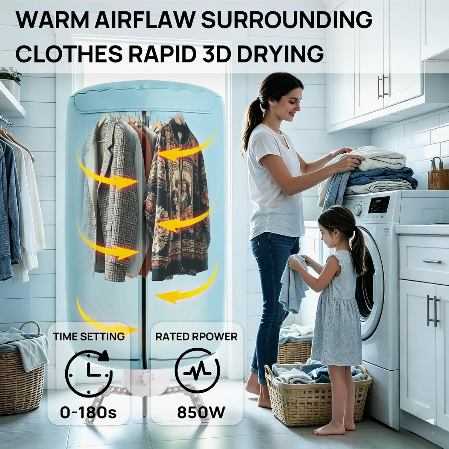 Portable Clothes Dryer with foldable rack, 850W Rapid Drying and Large Load Capacity, Compact Dryer for Home,Apartment,RVs, Dorm,Travel
