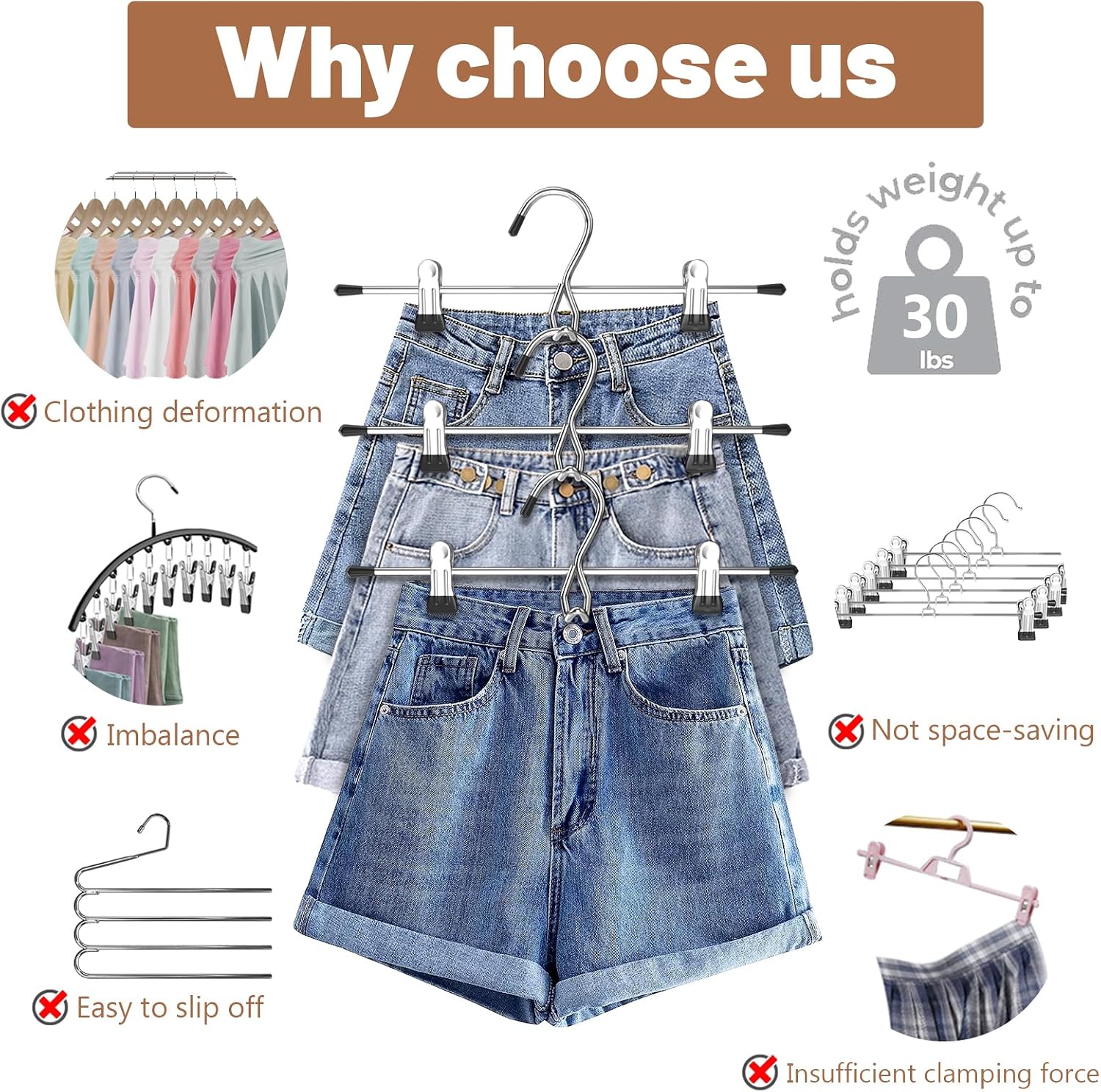 Pants Hangers Space Saving,Stackable Skirt Hangers with Clips, Hanging Closet Organizer and Storage,Clothes Hangers, College Dorm Essentials Apartment Essentials- 8 Pack