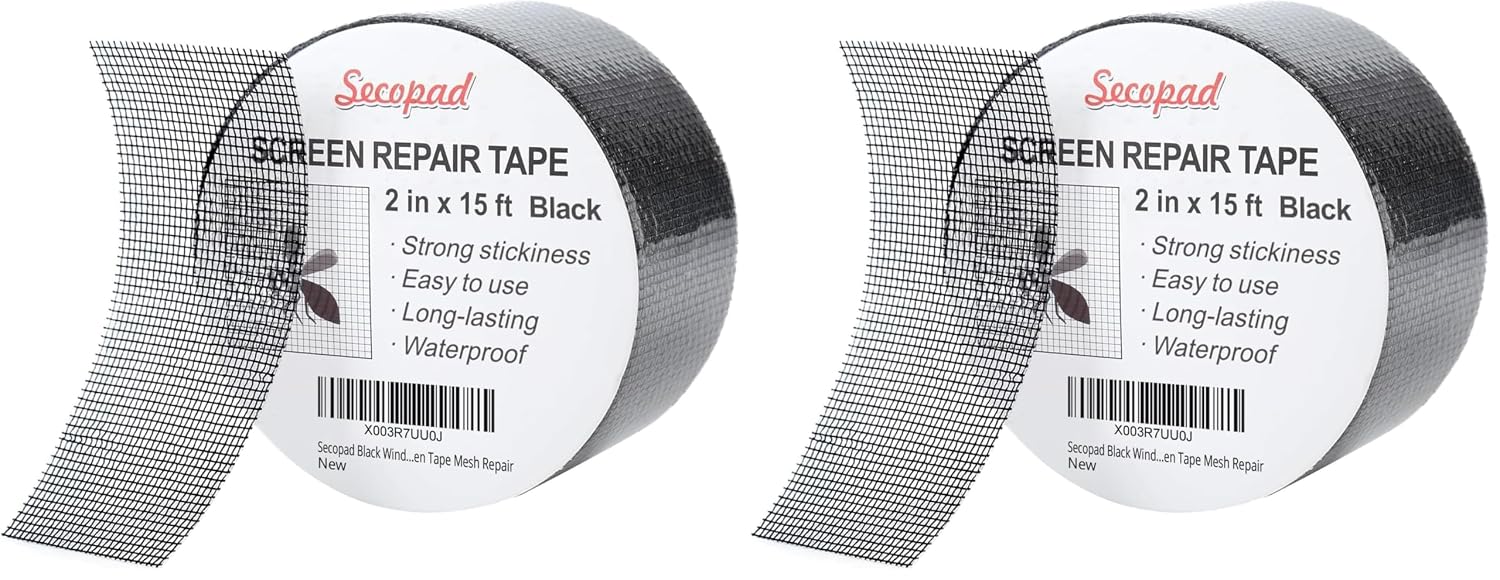Secopad Black Window Screen Repair Tape, 2 in X 15 FT (180IN) Screen Repair Kit for Windows or Doors, Strong Adhesive Screen Patch Fiberglass Screen Tape Mesh Repair (Pack of 2)