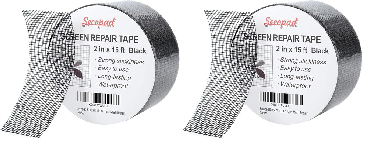 Secopad Black Window Screen Repair Tape, 2 in X 15 FT (180IN) Screen Repair Kit for Windows or Doors, Strong Adhesive Screen Patch Fiberglass Screen Tape Mesh Repair (Pack of 2)