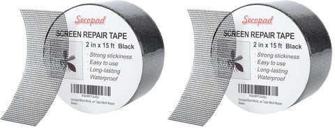 Secopad Black Window Screen Repair Tape, 2 in X 15 FT (180IN) Screen Repair Kit for Windows or Doors, Strong Adhesive Screen Patch Fiberglass Screen Tape Mesh Repair (Pack of 2)