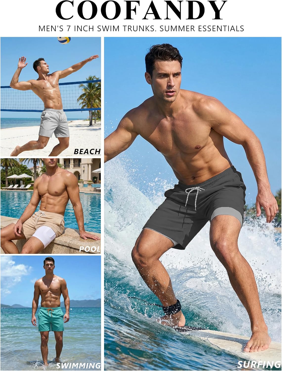 COOFANDY Men's 7" Swim Trunks with Compression Liner Stretch Swimming Shorts with Zipper Pockets