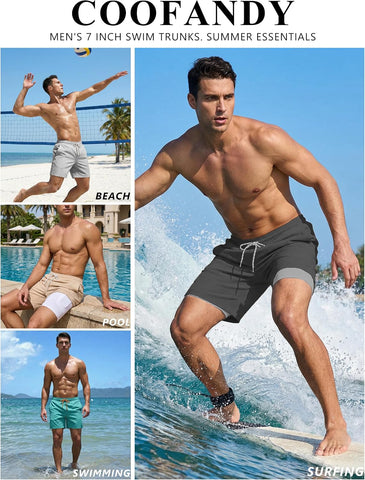 COOFANDY Men's 7" Swim Trunks with Compression Liner Stretch Swimming Shorts with Zipper Pockets
