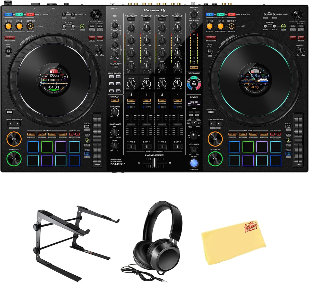 Pioneer DJ DDJ-FLX10 4-Channel Professional DJ Controller - Black Bundle with Laptop Stand, Headphones, and Austin Bazaar Polishing Cloth