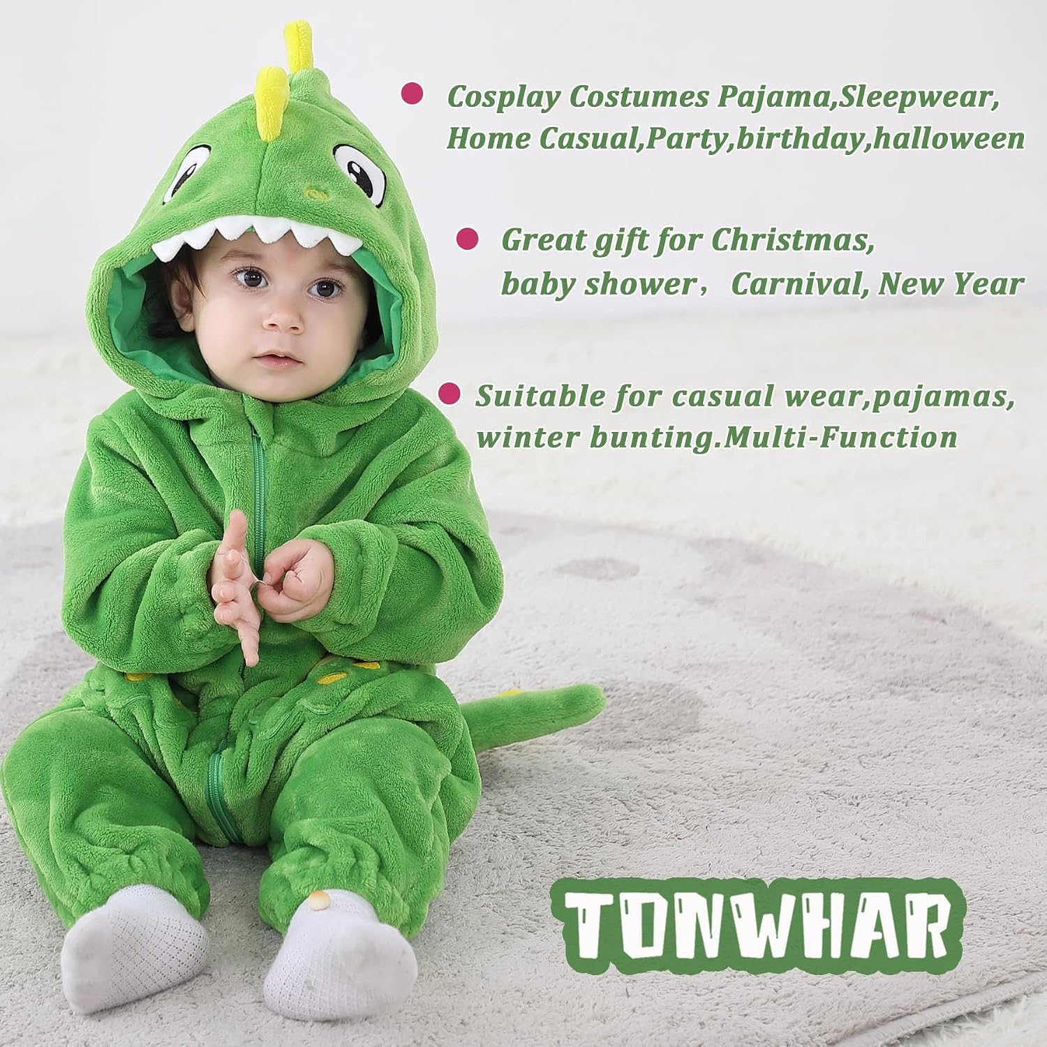 TONWHAR Dinosaur Costume for Toddler Boys & Girls, Halloween Dress Up Animal Hooded Romper One-Piece Outfit for Kids