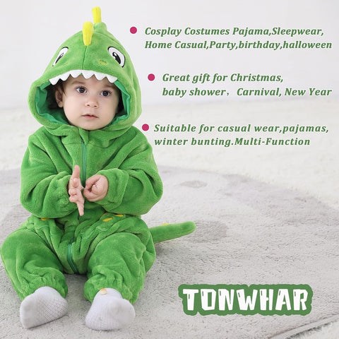 TONWHAR Dinosaur Costume for Toddler Boys & Girls, Halloween Dress Up Animal Hooded Romper One-Piece Outfit for Kids