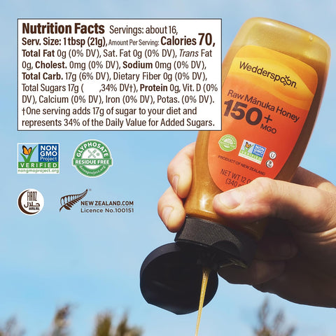 Wedderspoon Raw Manuka Honey 150+ MGO, 12 Oz, Squeeze Bottle, Unpasteurized New Zealand Honey, Non-GMO, BPA-Free Jar, Superfood & Natural Wellness Support | Unpasteurized New Zealand Honey, Non-GMO, BPA-Free Jar, Superfood & Natural Wellness Support