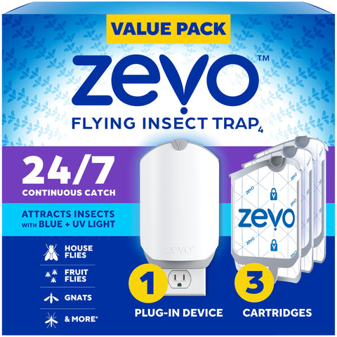 Zevo Flying Insect Trap for Indoors: Light Trap Captures Fruit Flies, Gnats and Houseflies, Starter Kit + Refills (1 Plug-in Base + 3 Cartridges)