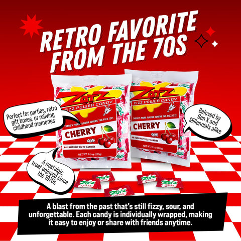ZOTZ Fizzy Sour Candy Bulk - Retro Italian Hard Candy Individually Wrapped - Classic Nostalgic Cherry Flavor - 46 Pieces Bag for Party Favors, Goodie Bags, Piñata & Candy Buffet