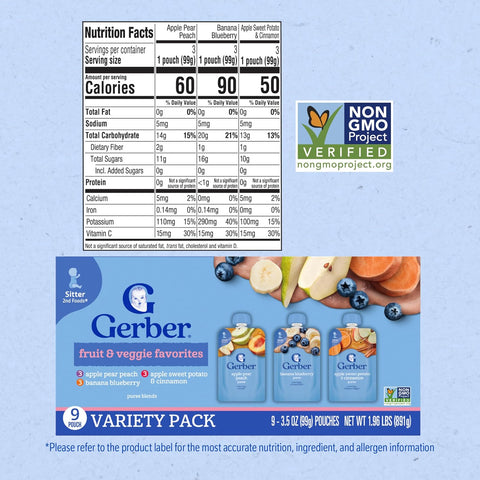 Gerber Toddler Fruit and Veggie Favorites Pouches, 3.5 Oz, 9 Pack