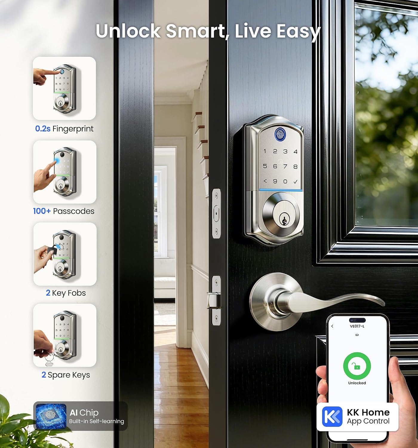Veise VE017-L Fingerprint Smart Lock with 2 Lever Handle Set, Satin Nickel