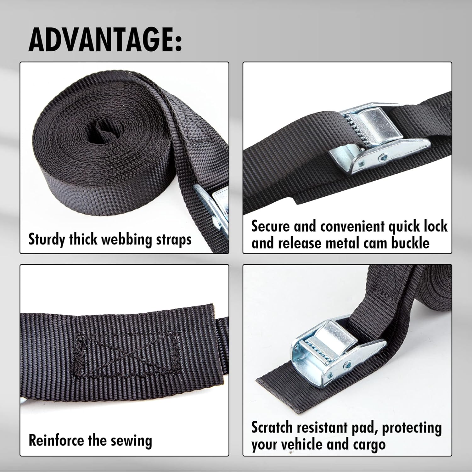 Cartman 1" x 15 ft Cam Buckle Straps, 4 Pack, 600 lb Break Strength, Black