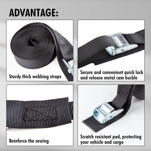Cartman 1" x 15 ft Cam Buckle Straps, 4 Pack, 600 lb Break Strength, Black