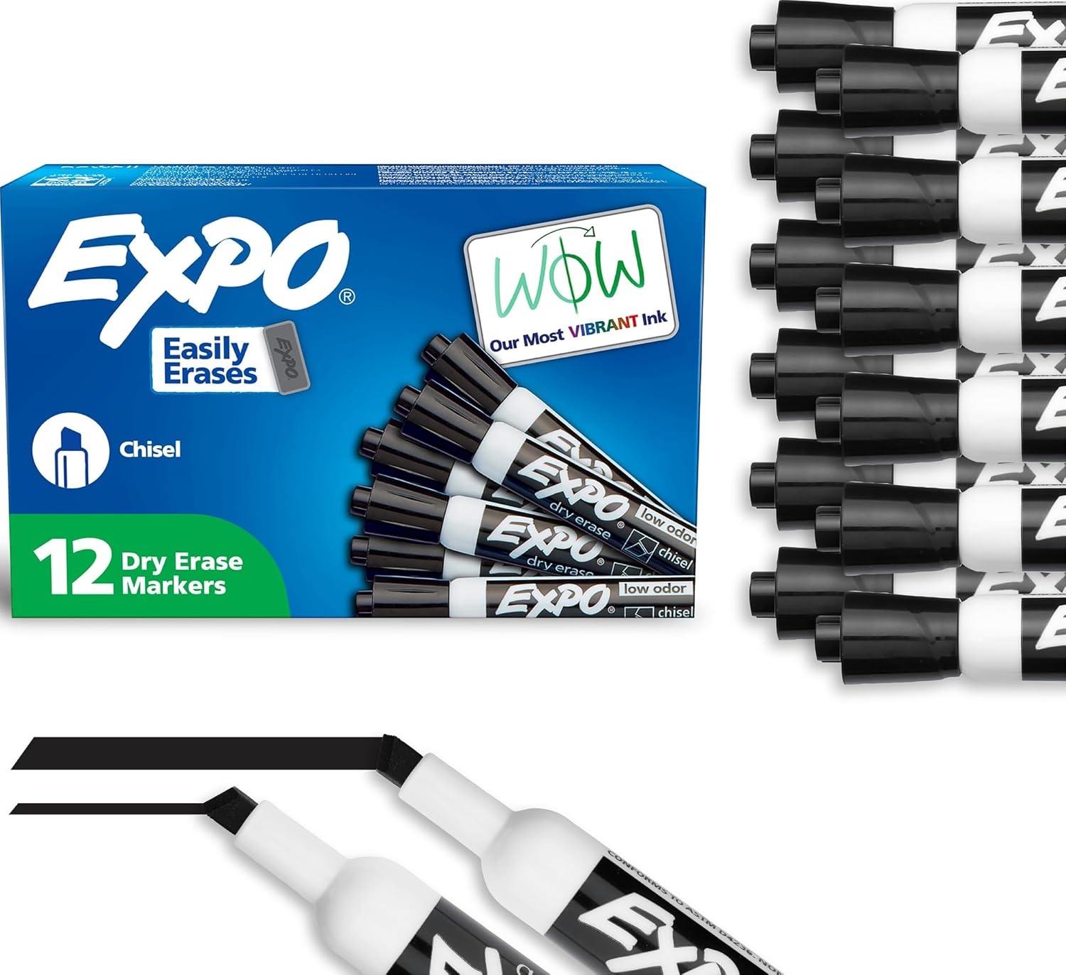 EXPO Dry Erase Markers, Low Odor Ink, Black, Chisel Tip, 12 Count - Whiteboard, Calendar, Organization, Essential Supplies for Office, School, Classroom, Teachers