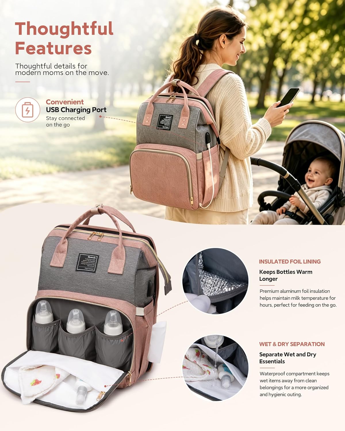 houscly Diaper Bag Backpack with Changing Station, 25L Large Capacity