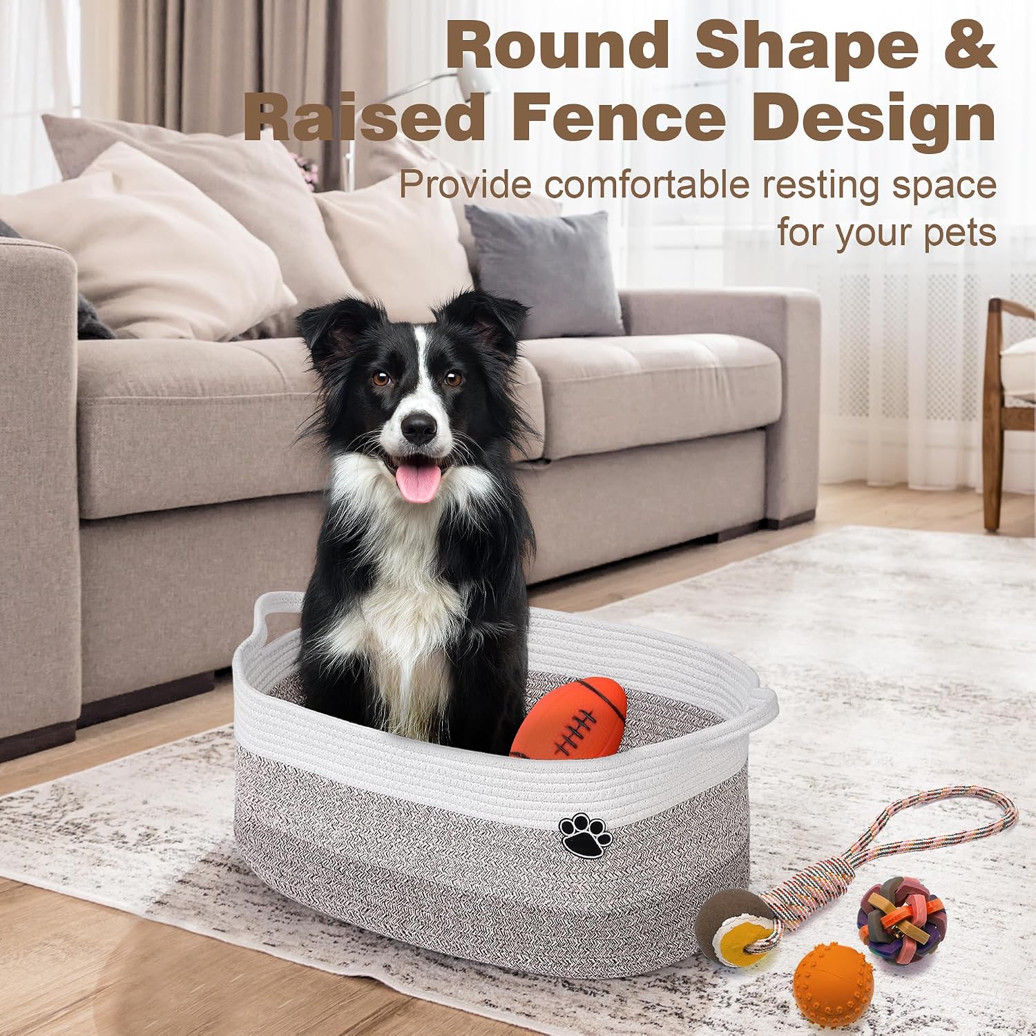 Optish 25L Medium Dog Toy Basket, Woven Rope Storage Basket, White-Brown