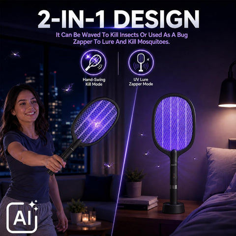 2 Pack Electric Fly Swatter Rechargeable Bug Zapper Racket, Max 4500V-Black