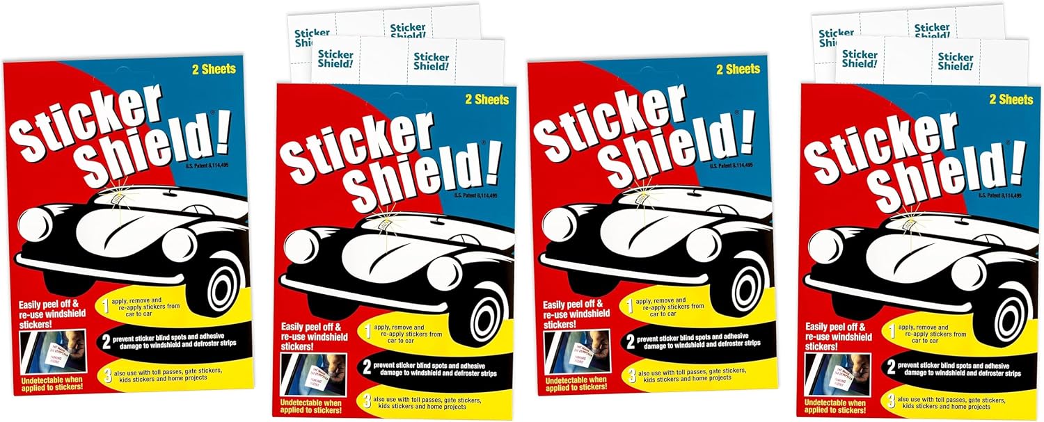 STICKER SHIELD - Windshield Sticker Applicator for Easy Application, Removal and Re-Application from Car to Car - 4 inch x 6 inch Sheets (Pack of 2 Sheets)