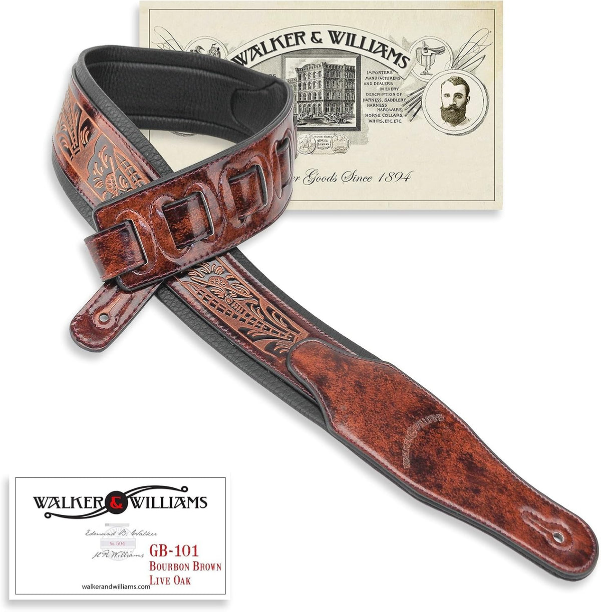 Walker & Williams GB-101 Bourbon Brown Handmade Padded Leather Strap Classic Live Oak Pattern For Acoustic, Electric, And Bass Guitars