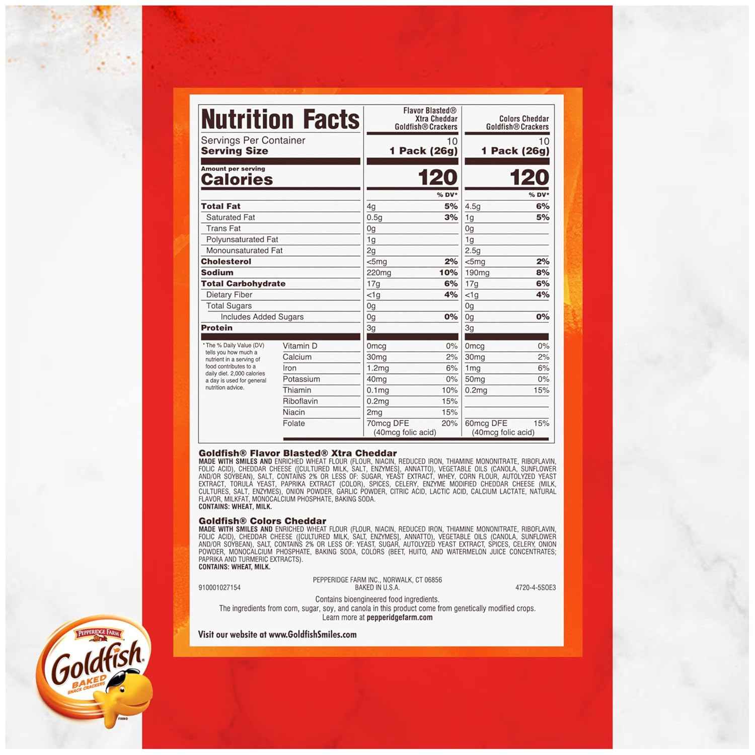 Goldfish Dynamic Duo Variety Pack, Colors Cheddar & Flavor Blasted Xtra Cheddar, Snack Packs, 20 Ct