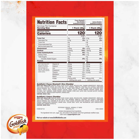Goldfish Dynamic Duo Variety Pack, Colors Cheddar & Flavor Blasted Xtra Cheddar, Snack Packs, 20 Ct