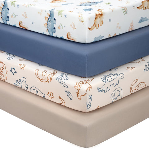 Baby Crib Sheets for Boys Girls, Toddler Bed Sheets Fitted for 52"x28" Standard Crib and Toddler Mattresses, 4 Pack Soft Stretchy Microfiber Khaki Blue Dinosaur
