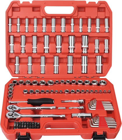 Egofine 117 Pieces 1/4 & 3/8 inch Drive Socket Ratchet Wrench Set, Metric/SAE Size, with Bit Socket Set and Extension Bar for Auto Repairing and Household, with Storage Case