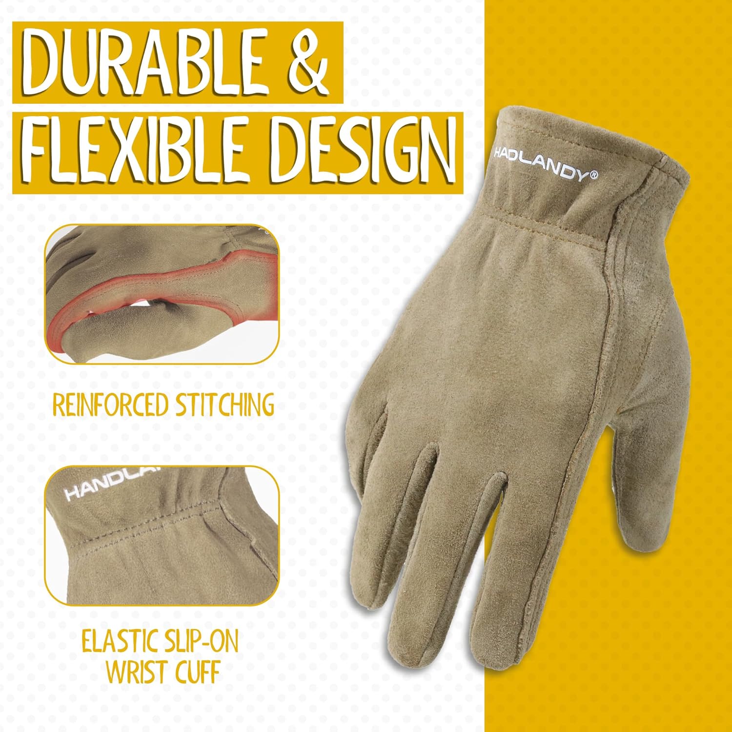HANDLANDY Kids Leather Gardening Gloves, Kid Work Gloves, Khaki, L